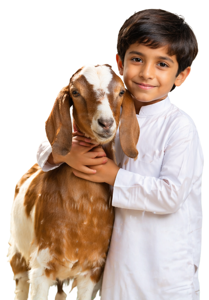 Young boy in a white coat hugs a brown-and-white goat, both looking at the camera, against a black background.