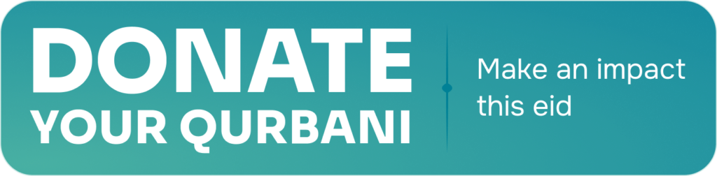 Donation banner: 'DONATE YOUR QURBANI' with 'Make an impact this eid' on teal gradient background.