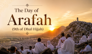 Pilgrims in white ihram gathered on a rocky hill at sunset for Day of Arafah (9th of Dhul Hijjah).