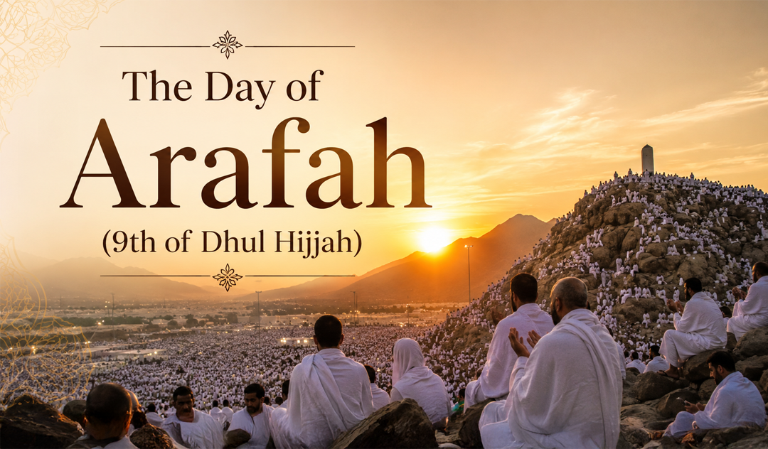 Pilgrims in white ihram gathered on a rocky hill at sunset for Day of Arafah (9th of Dhul Hijjah).