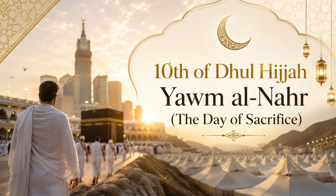 Banner text: '10th of Dhul Hijjah, Yawm al-Nahr (The Day of Sacrifice)' with a pilgrim in white near the Kaaba at sunrise; tents line the desert.