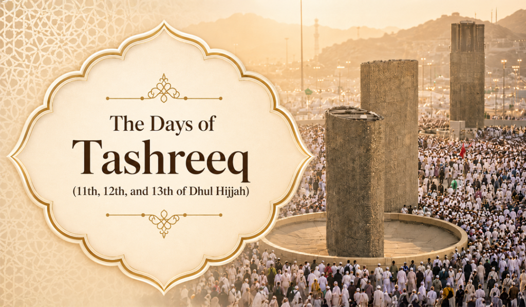 Banner announcing 'The Days of Tasheeq' with dates 11th–13th Dhul Hijjah, set against a decorative frame and a large crowd at the Grand Mosque.